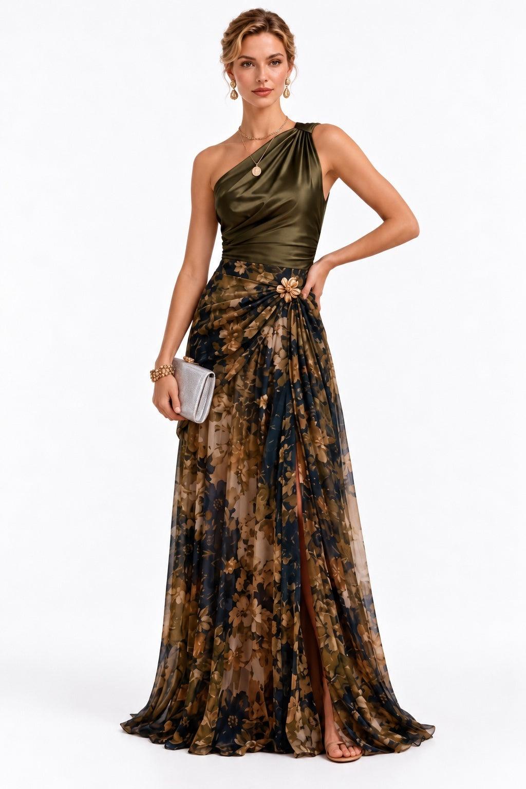 Sheath-Column Floor Length Stretch Satin Print Wedding Guest Dress CG0375 - Olive Green - COCOMELODY